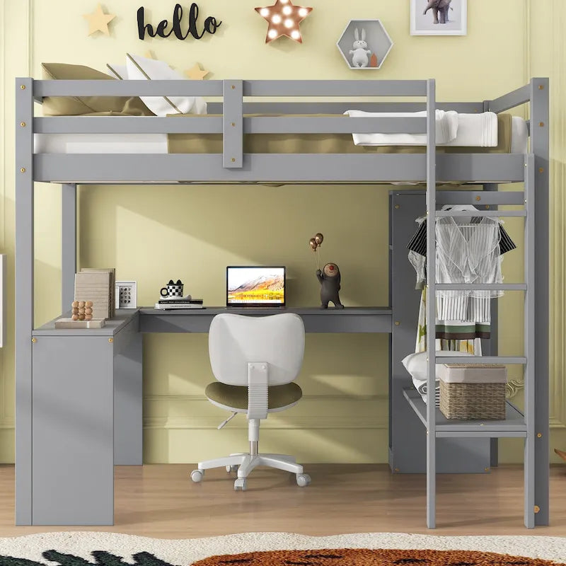 Solid Wood Loft Bed with L-shaped Desk and Storage Shelves