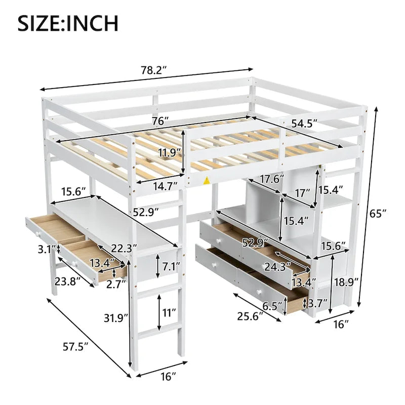 Pine Loft Bed with Built-in Desk & Drawers
