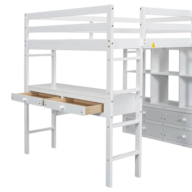 Pine Loft Bed with Built-in Desk & Drawers