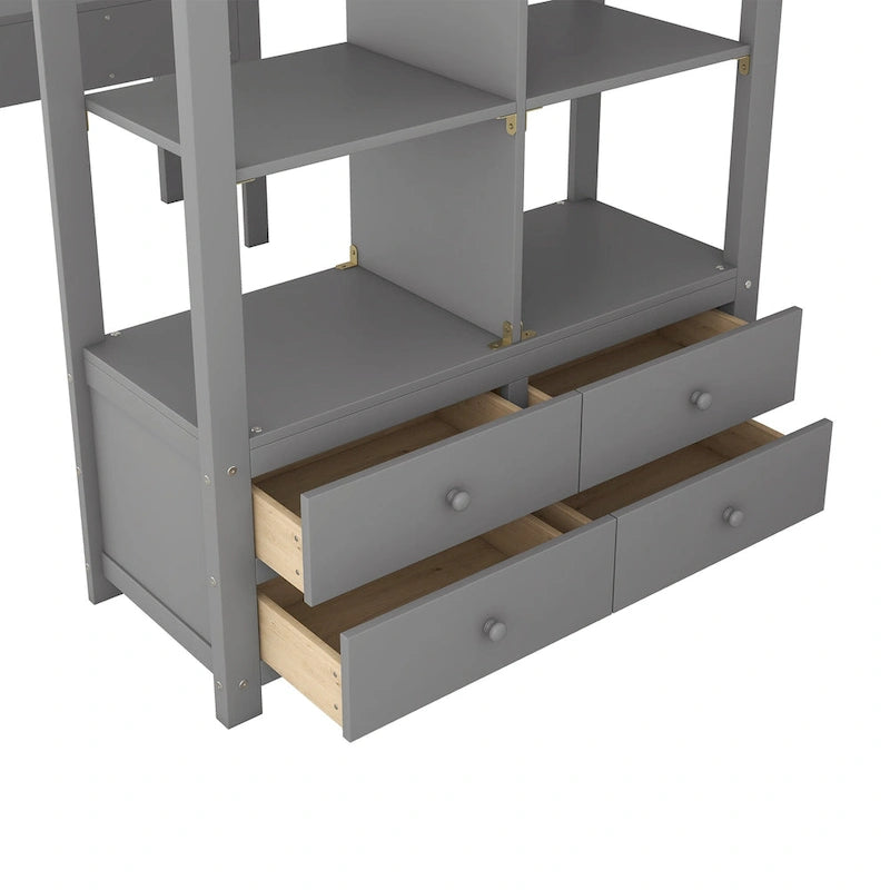Pine Loft Bed with Built-in Desk & Drawers