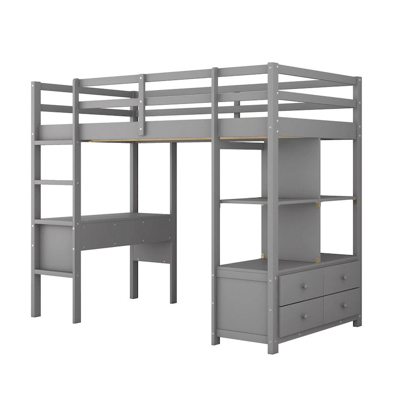 Pine Loft Bed with Built-in Desk & Drawers