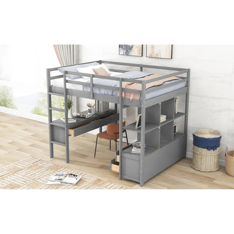 Pine Loft Bed with Built-in Desk & Drawers
