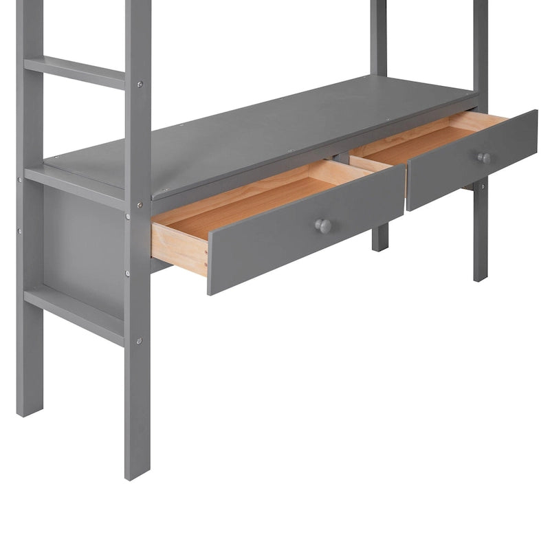 Pine Loft Bed with Built-in Desk & Drawers