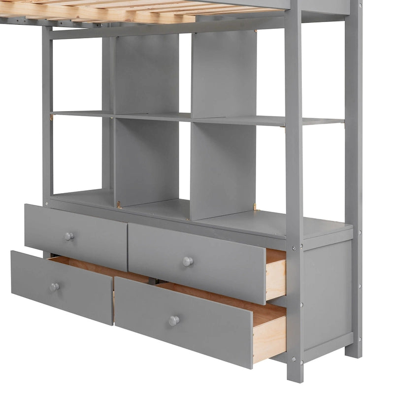 Pine Loft Bed with Built-in Desk & Drawers