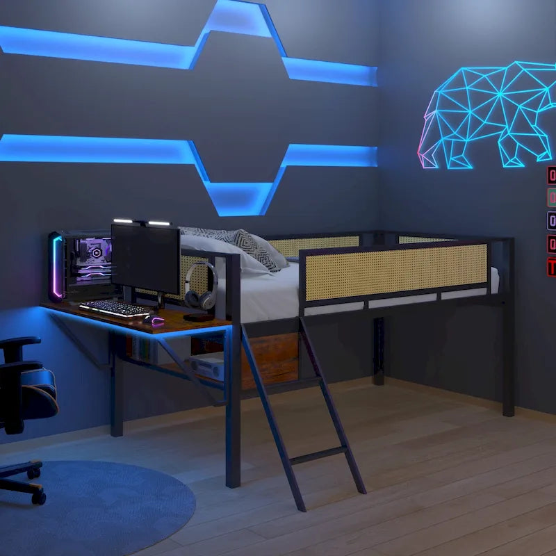 Metal Loft Bed with Desk, LED Lights & Storage