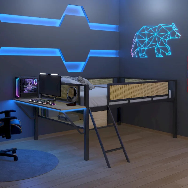 Metal Loft Bed with Desk, LED Lights & Storage