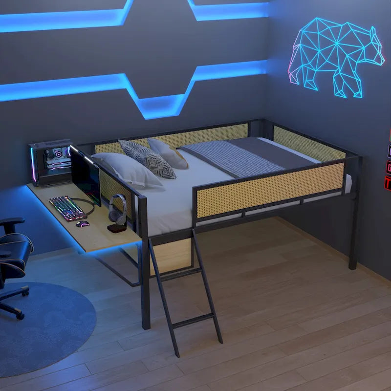 Metal Loft Bed with Desk, LED Lights & Storage