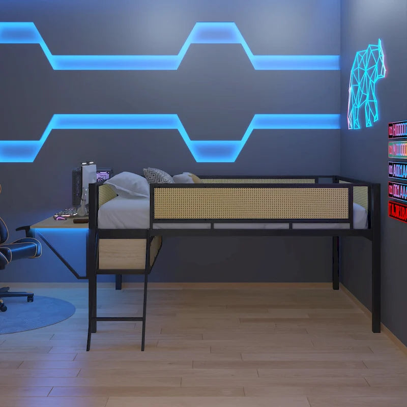Metal Loft Bed with Desk, LED Lights & Storage