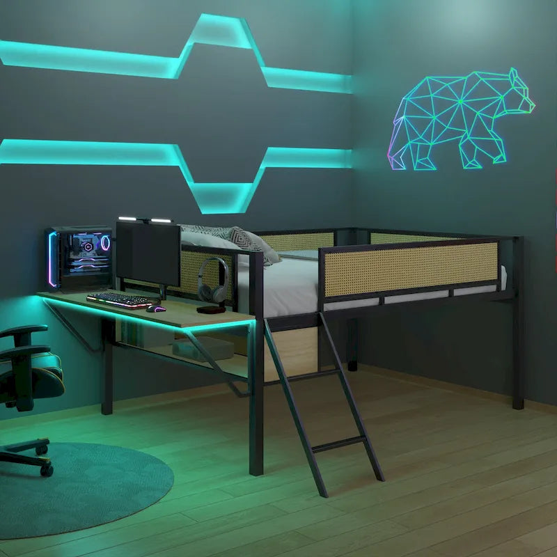 Metal Loft Bed with Desk, LED Lights & Storage
