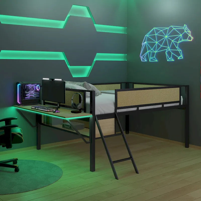 Metal Loft Bed with Desk, LED Lights & Storage