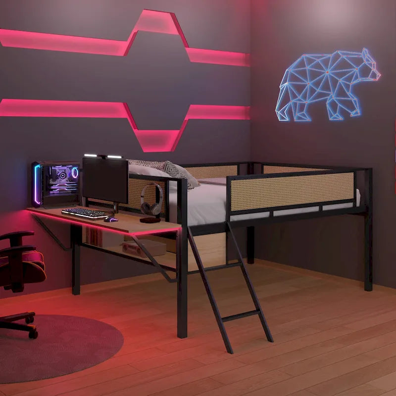 Metal Loft Bed with Desk, LED Lights & Storage
