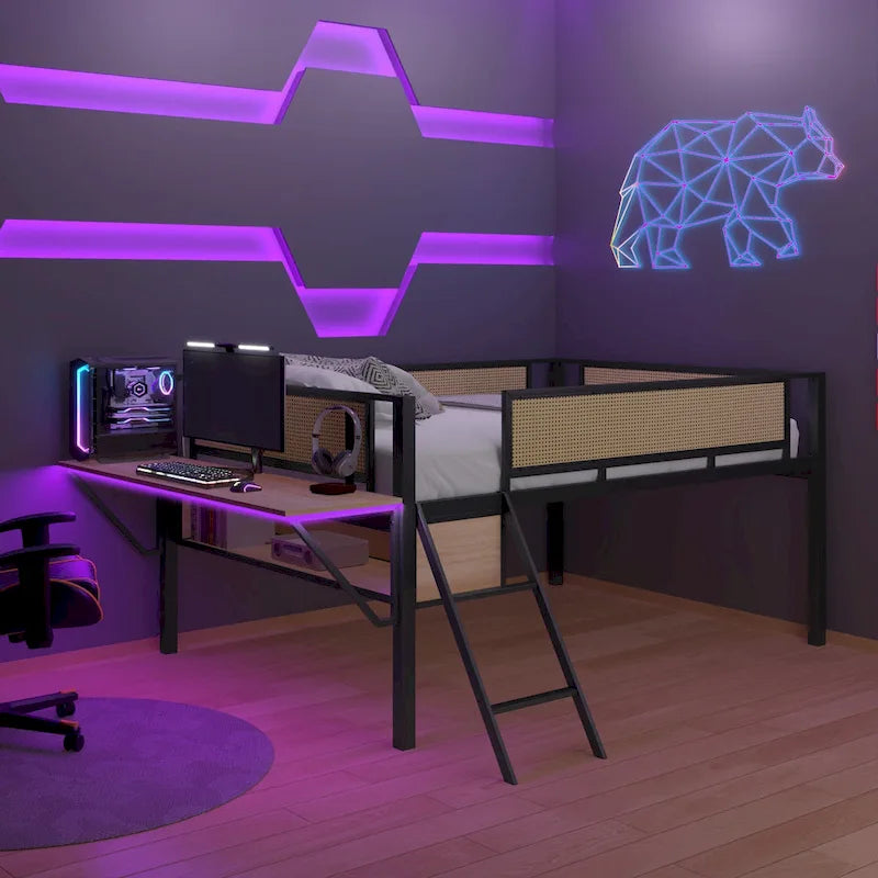 Metal Loft Bed with Desk, LED Lights & Storage