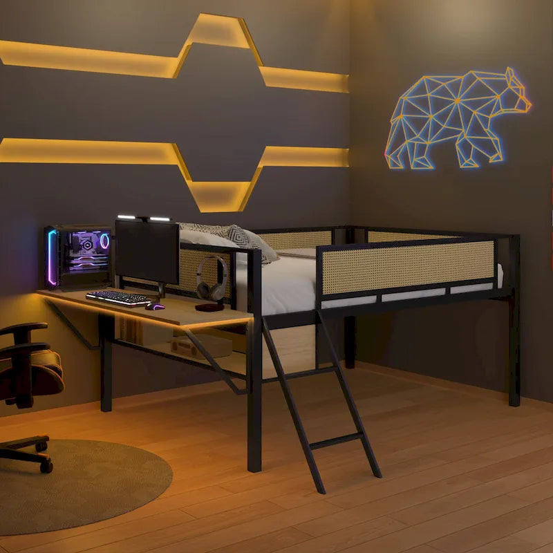 Metal Loft Bed with Desk, LED Lights & Storage