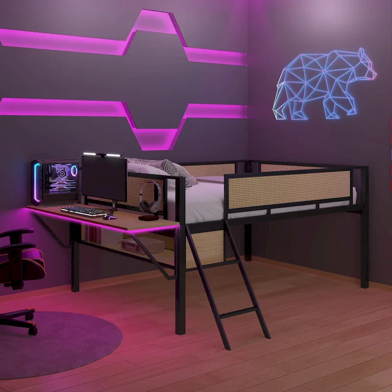 Metal Loft Bed with Desk, LED Lights & Storage
