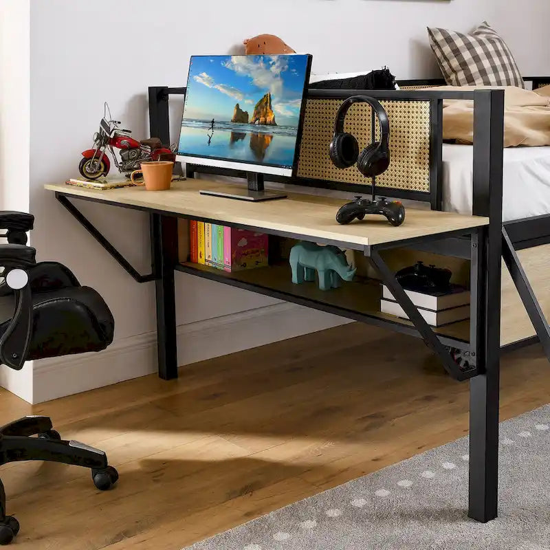 Metal Loft Bed with Desk, LED Lights & Storage