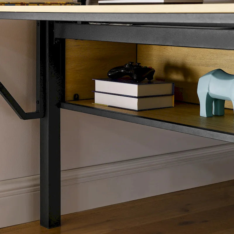 Metal Loft Bed with Desk, LED Lights & Storage