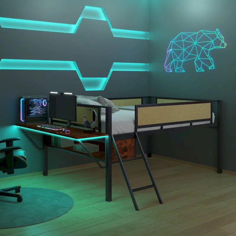 Metal Loft Bed with Desk, LED Lights & Storage