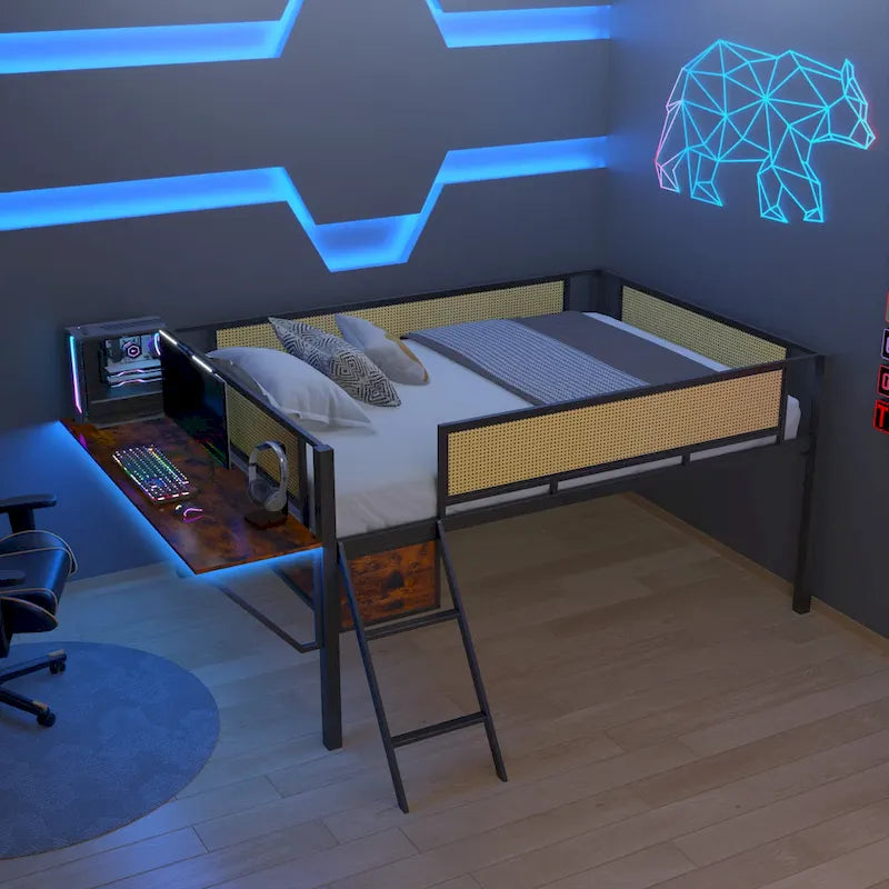 Metal Loft Bed with Desk, LED Lights & Storage