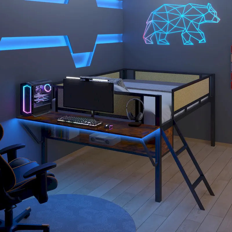 Metal Loft Bed with Desk, LED Lights & Storage