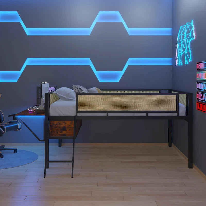 Metal Loft Bed with Desk, LED Lights & Storage