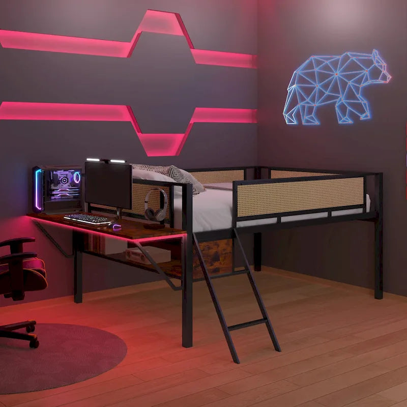 Metal Loft Bed with Desk, LED Lights & Storage