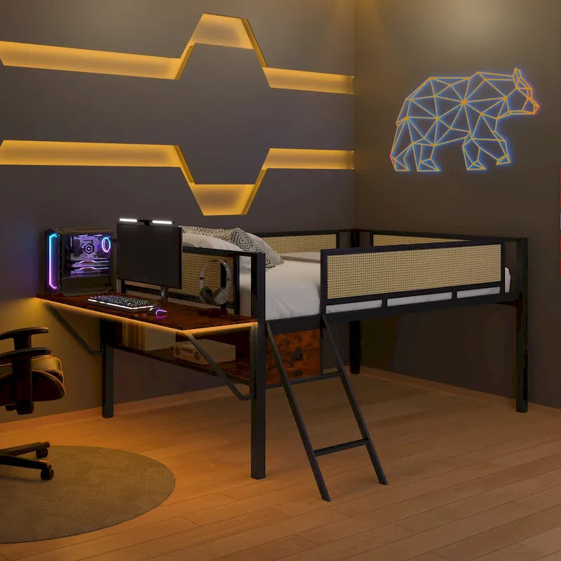 Metal Loft Bed with Desk, LED Lights & Storage