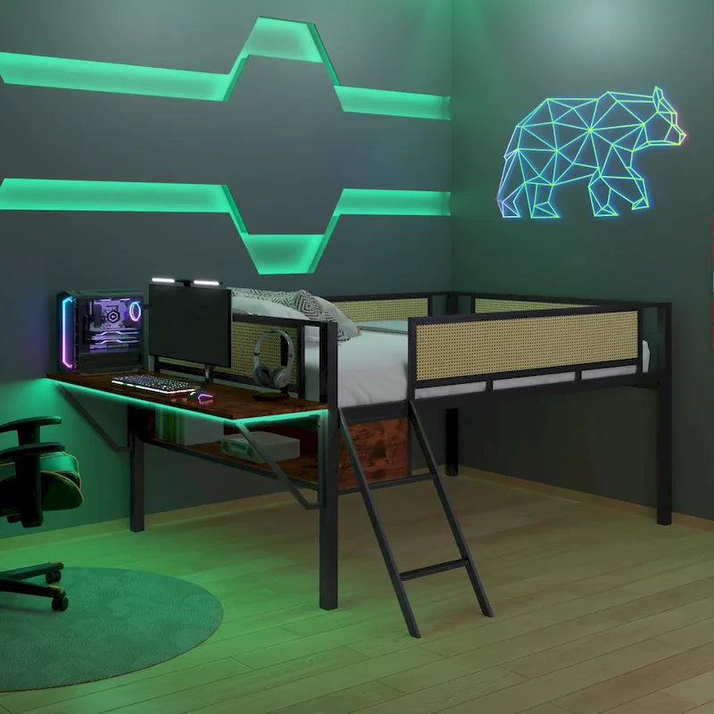 Metal Loft Bed with Desk, LED Lights & Storage