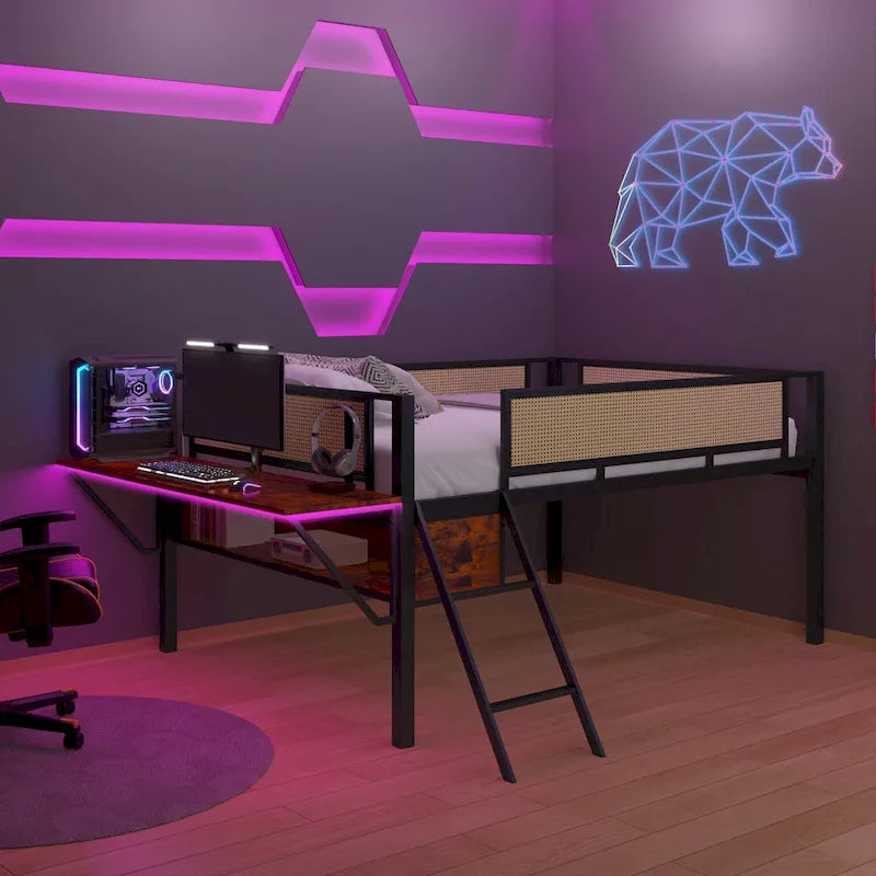 Metal Loft Bed with Desk, LED Lights & Storage