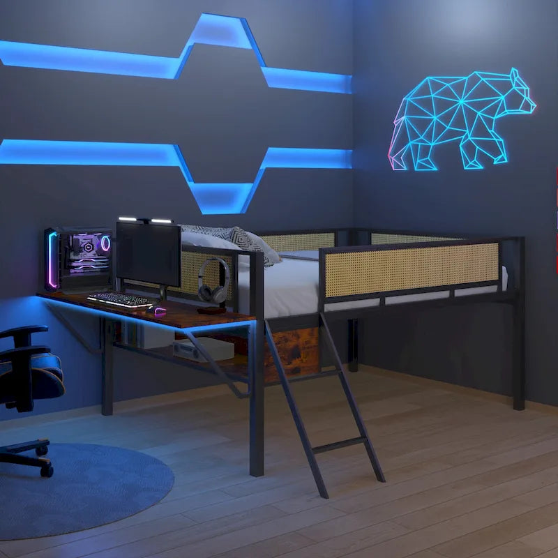 Metal Loft Bed with Desk, LED Lights & Storage