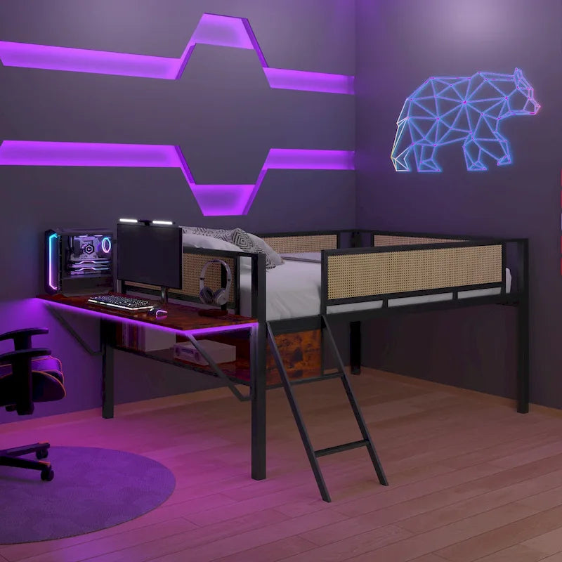 Metal Loft Bed with Desk, LED Lights & Storage