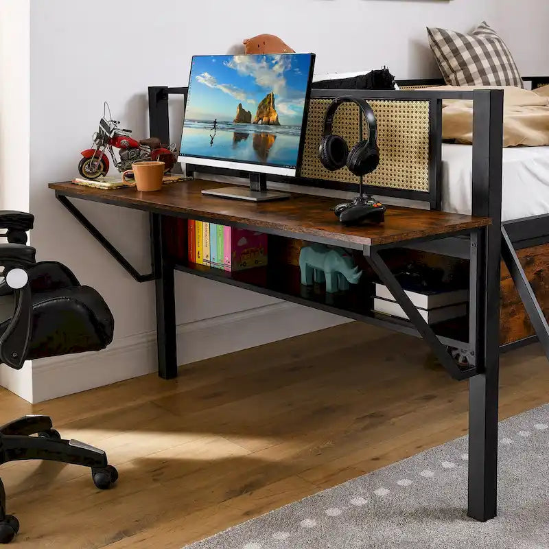 Metal Loft Bed with Desk, LED Lights & Storage