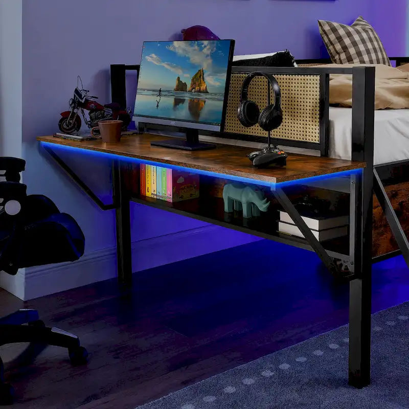 Metal Loft Bed with Desk, LED Lights & Storage