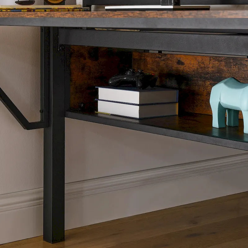Metal Loft Bed with Desk, LED Lights & Storage