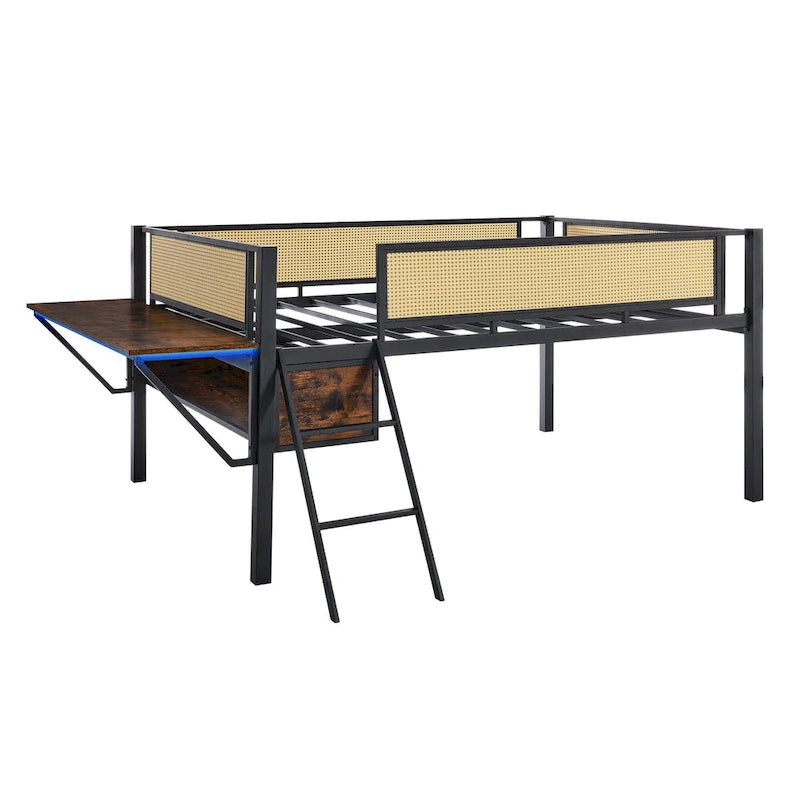 Metal Loft Bed with Desk, LED Lights & Storage