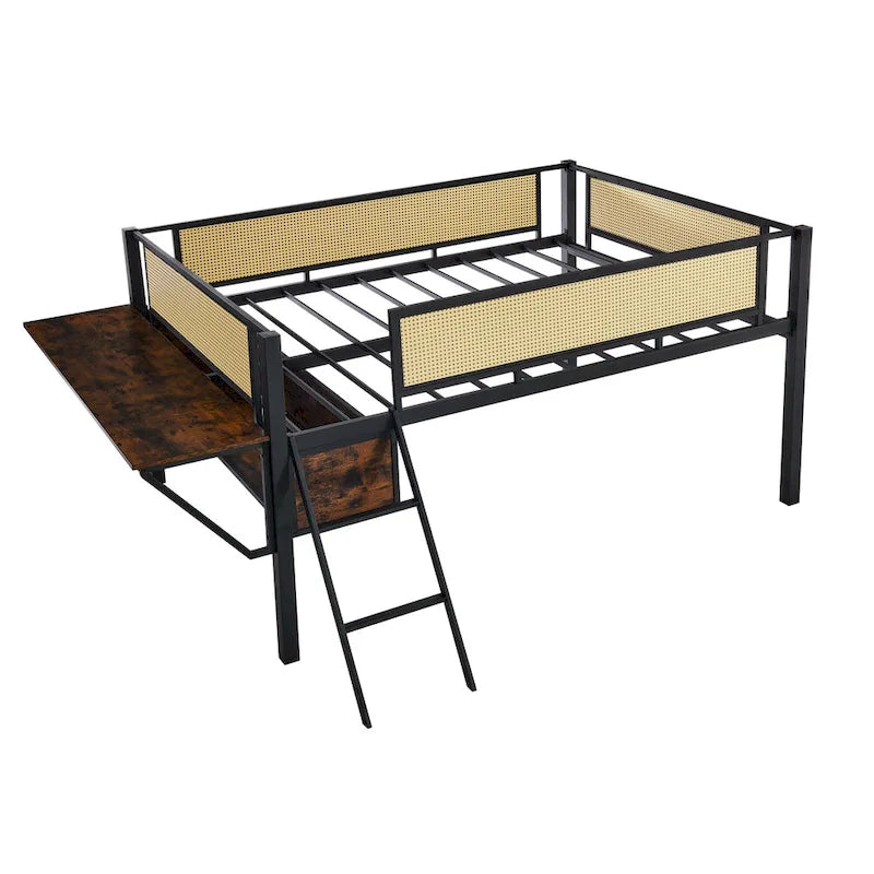 Metal Loft Bed with Desk, LED Lights & Storage