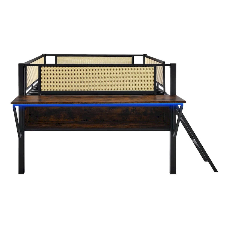 Metal Loft Bed with Desk, LED Lights & Storage