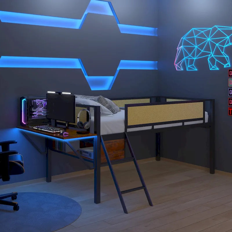 Metal Loft Bed with Desk, LED Lights & Storage