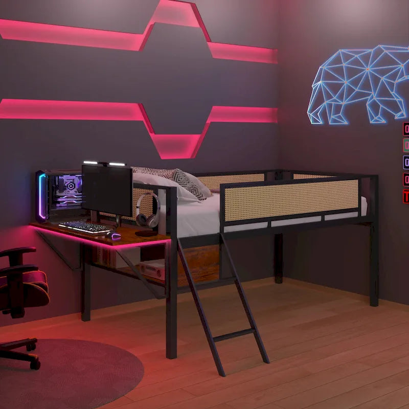 Metal Loft Bed with Desk, LED Lights & Storage