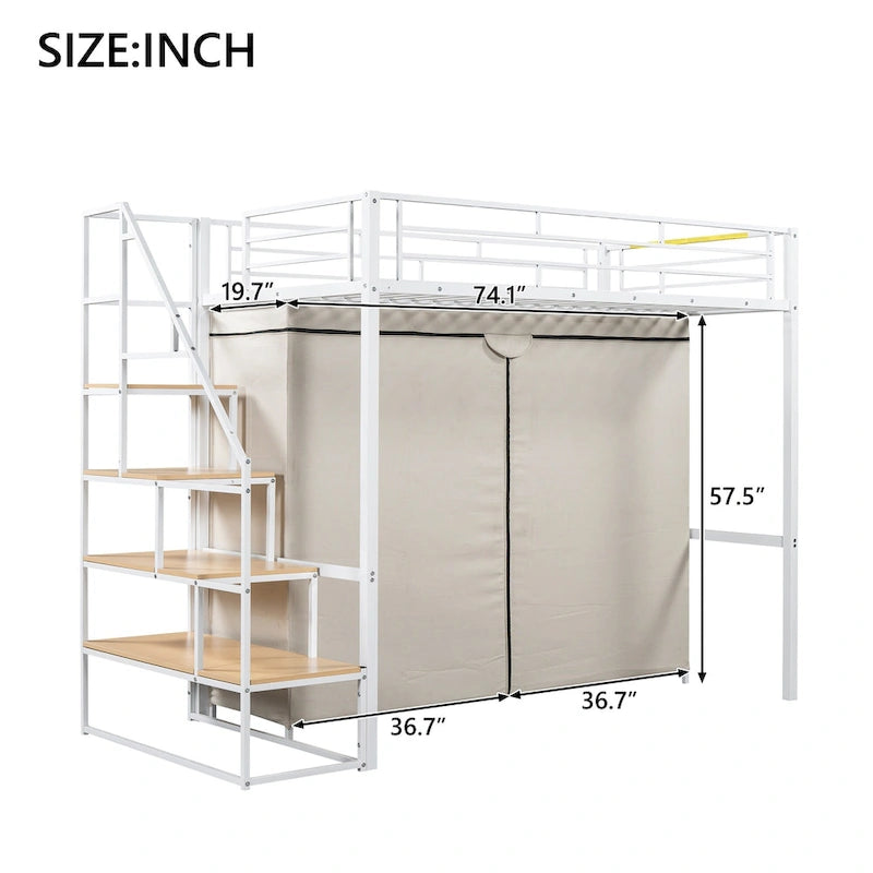 Twin Size Metal Loft Bed with Wardrobe & Storage Shelves for Kids