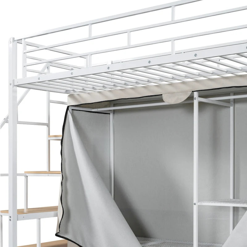 Twin Size Metal Loft Bed with Wardrobe & Storage Shelves for Kids