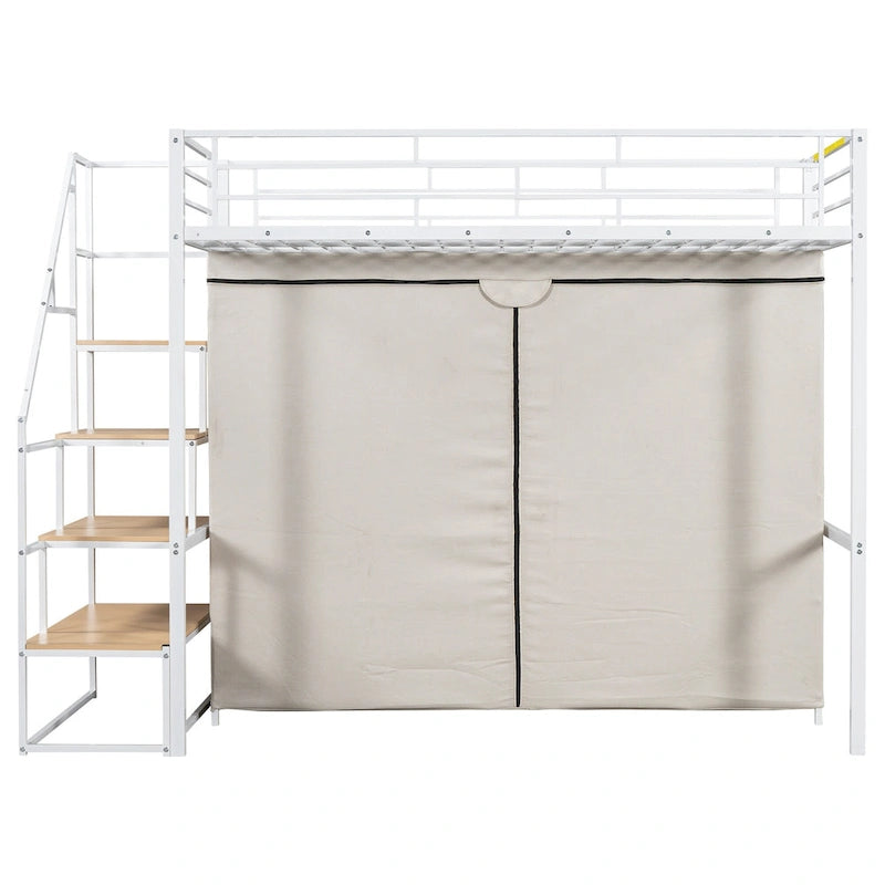 Twin Size Metal Loft Bed with Wardrobe & Storage Shelves for Kids