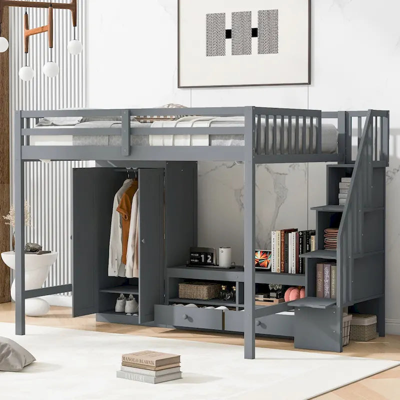 Full Size Solid Wood Loft Bed with Wardrobe and Storage Table