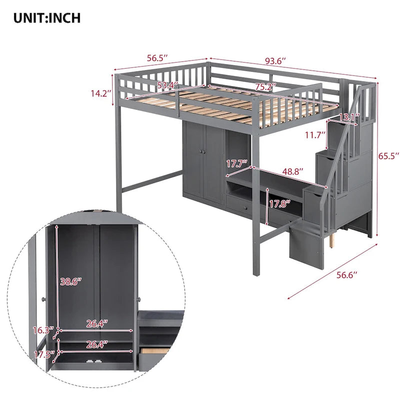 Full Size Solid Wood Loft Bed with Wardrobe and Storage Table