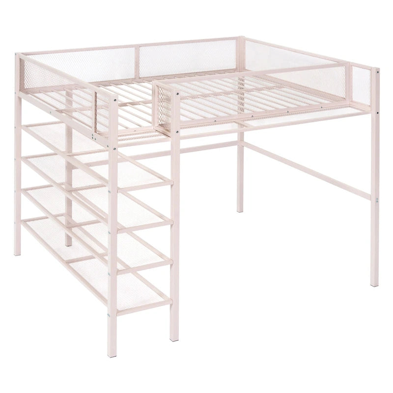 Pink Full Metal Loft Bed with Workstation