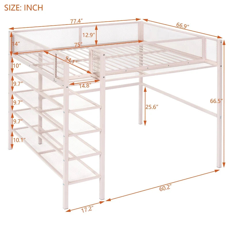 Pink Full Metal Loft Bed with Workstation