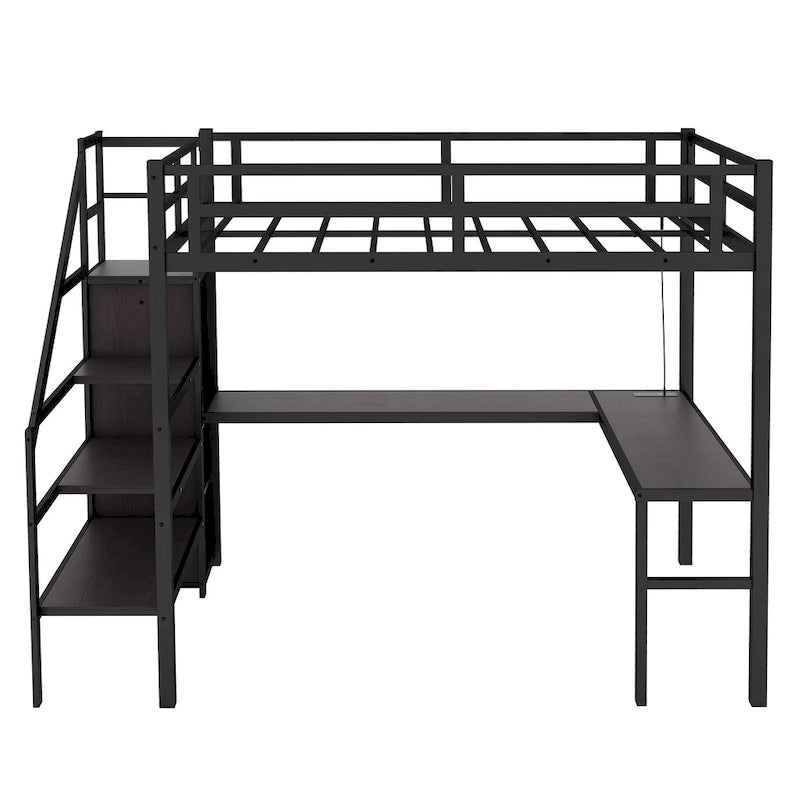 Full XL Size Metal Loft Bed with L-shaped Desk, USB, and LED for Kids and Teens