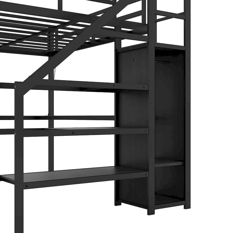 Full XL Size Metal Loft Bed with L-shaped Desk, USB, and LED for Kids and Teens