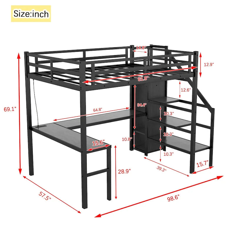 Full XL Size Metal Loft Bed with L-shaped Desk, USB, and LED for Kids and Teens