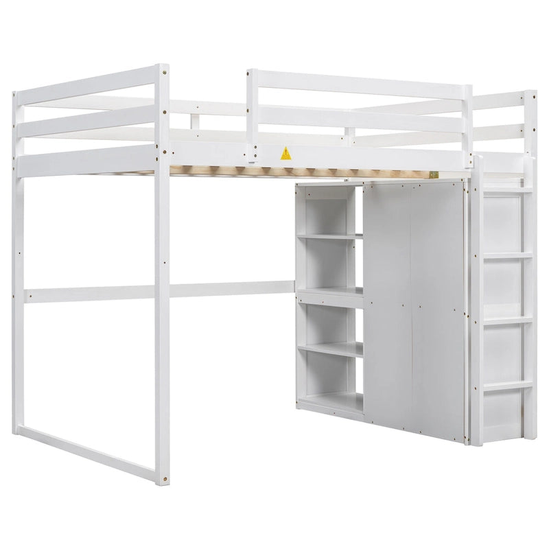 Full Size Wood Loft Bed with Wardrobe and Storage Shelves
