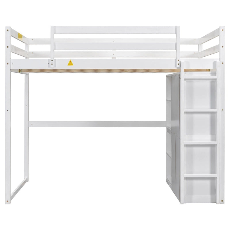 Full Size Wood Loft Bed with Wardrobe and Storage Shelves